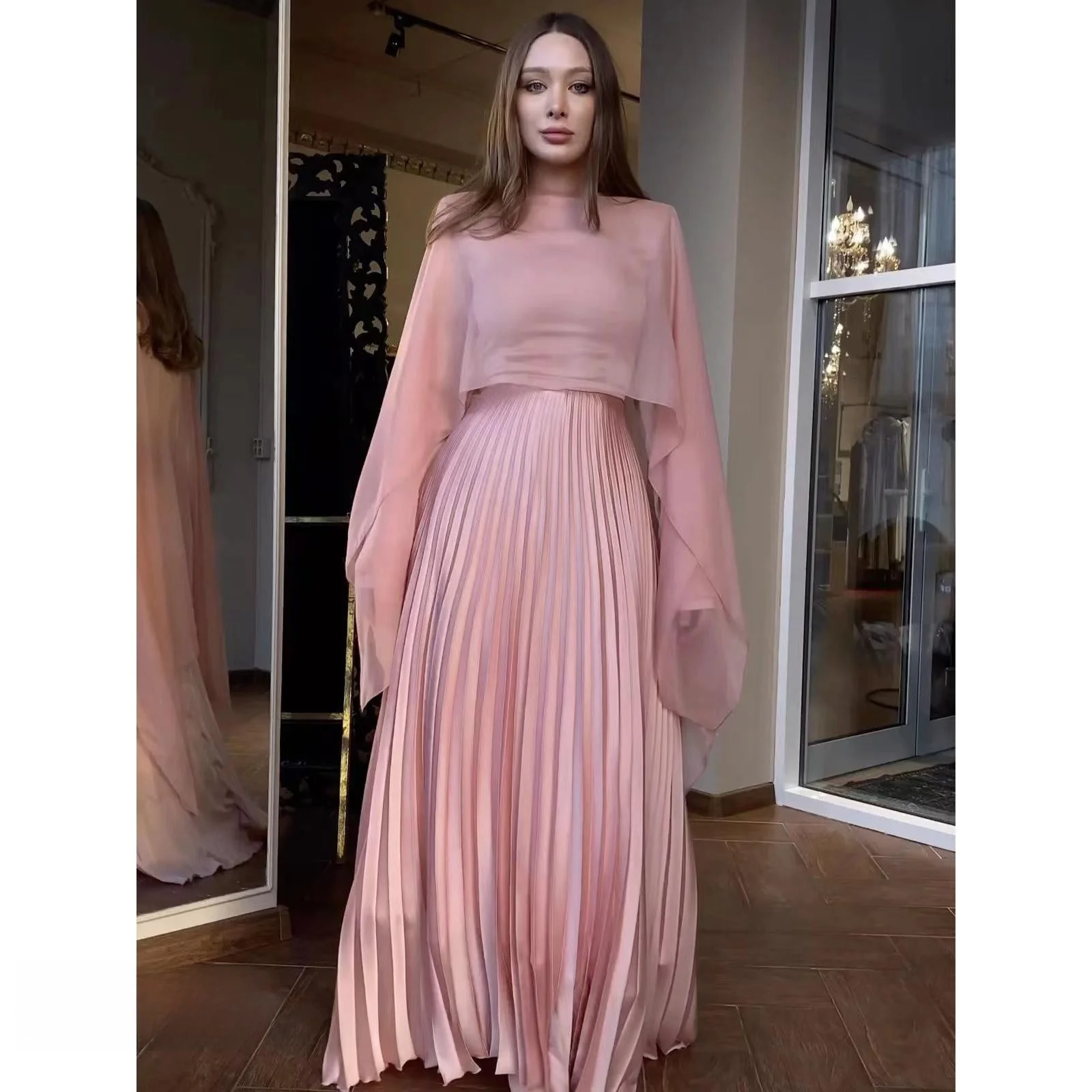 Ele Pink مطوي طويل Sve Dr الخصر Cinched ألف خط صورة ظلية للتنقل ودية جولة Ne ثوب الخصر العالي