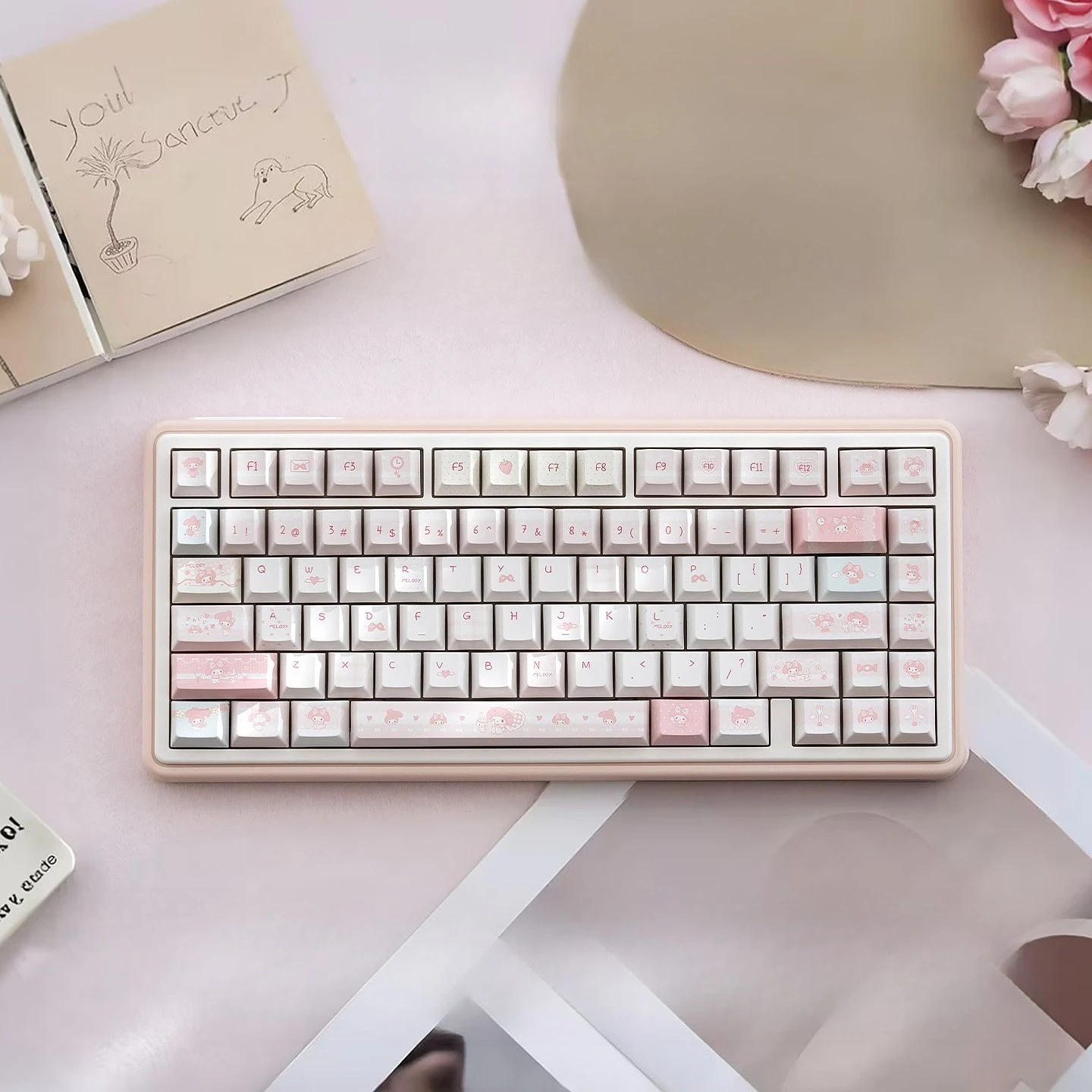 

Anime Sanrio Melody Mechanical Keyboard Bluetooth Connection RGB Backlight Support Driver Custom Key Setting for Office Gaming