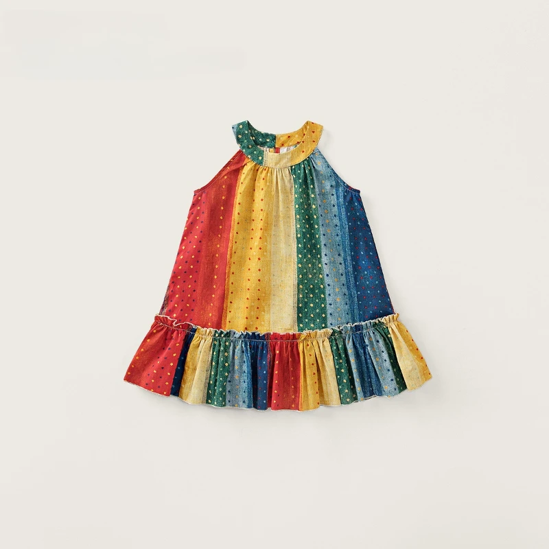 

2026 Summer Hot Selling New Hanging Neck Rainbow Colored Polka Dot A-line Hem Dress for Children