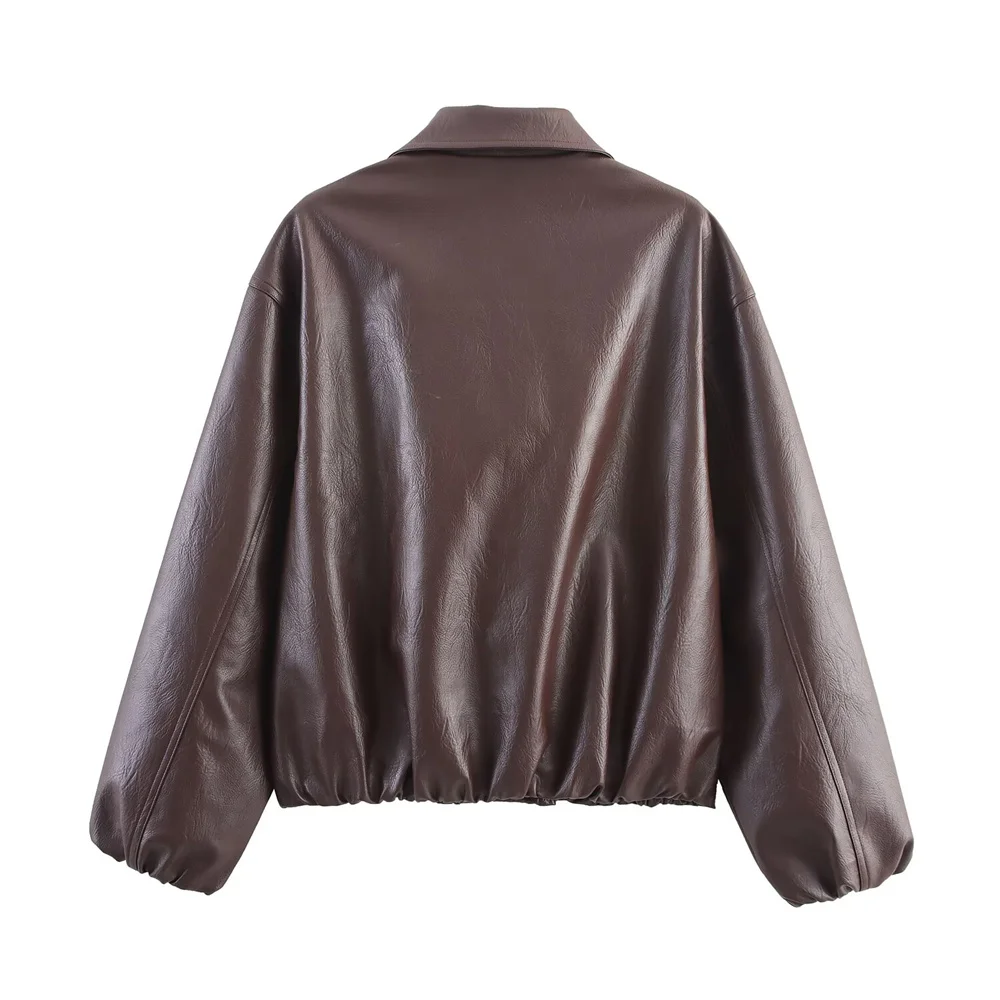 women's new style temperament versatile faux leather pilot collar jacket solid color casual long sleeved jacket jacket