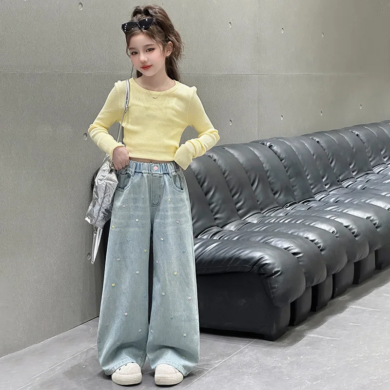 

Children Girls Denim Pant Autumn Korean Flower Printed Teenager Girls Jeans Button Elastic Waist Junior Girls Straight-leg Pant