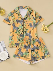 Casual tropical plant zebra print pajama set for women lapel short-sleeved top and loose shorts comfortable pajamas for women