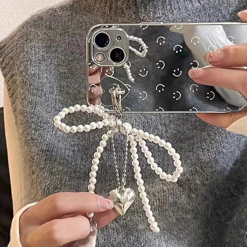 1Pc Cameratas Sleutelhanger Sieraden Cadeau Decoratie Koreaanse Schattige Boog Parel Telefoon Hanger Ketting Charm Riem Telefoon Accessoires