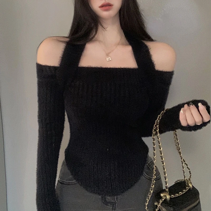 Off Shoulder Pullovers Women Design Halter Sexy Cropped Sweaters High Street Stylish All-match Solid Red Slim Knitting Jumpers