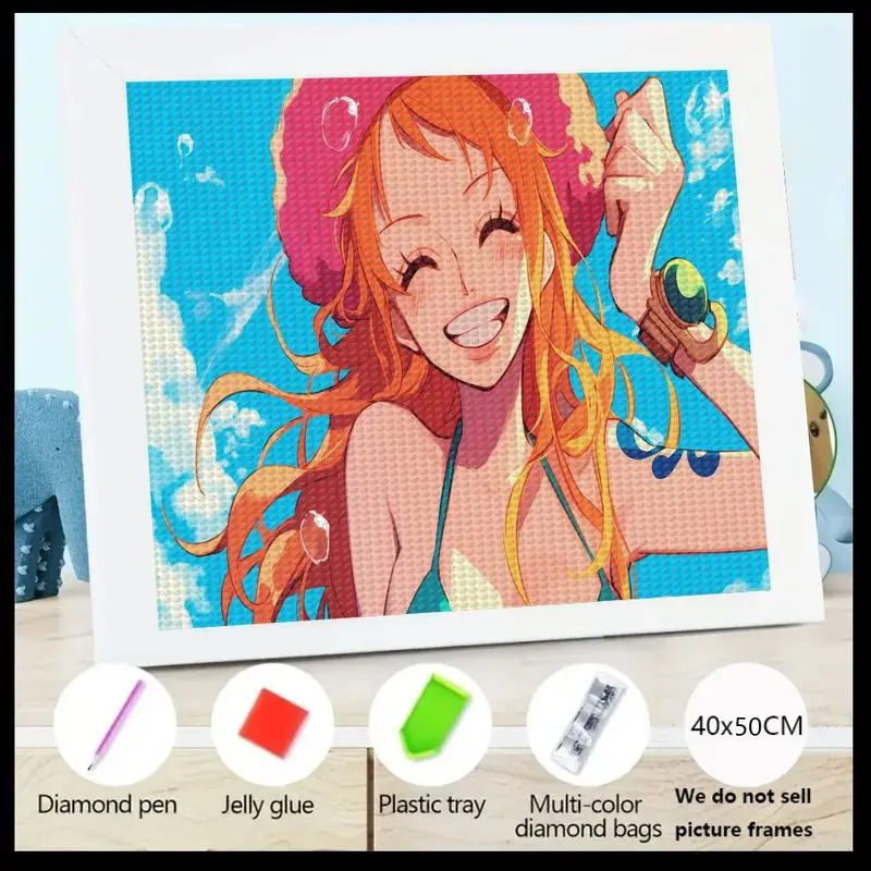 

1PC One Piece Nami 5D Diamond Painting Kit, Full Drill Anime Character Art DIY Set, Large Happy Smiling Girl Gem Rhinestone Embr