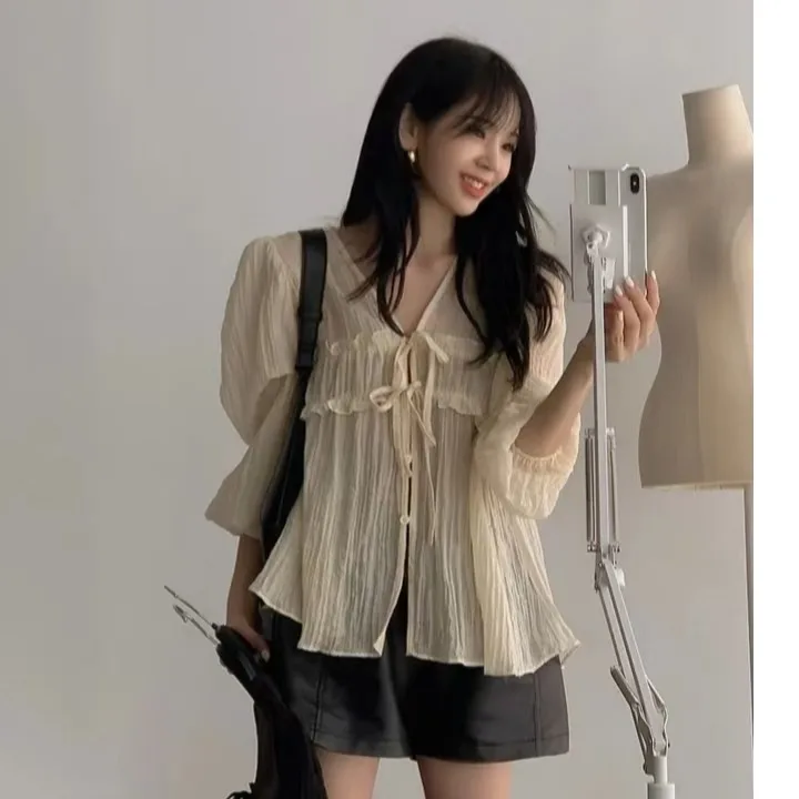 

Korean Sle Chic Vintage Baby Doll irt Women's Early Spring High-End Sensation Pure Color Turn-down Collar Belted Long Sle...