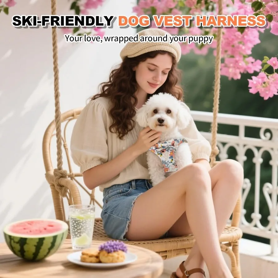 XXS الكلب تسخير والمقود مجموعة خفيفة الوزن الحيوانات الأليفة يسخر مع ربطة عنق لطيف الأزهار Patterdjustable الهروب برهان جرو سترة اضافية S