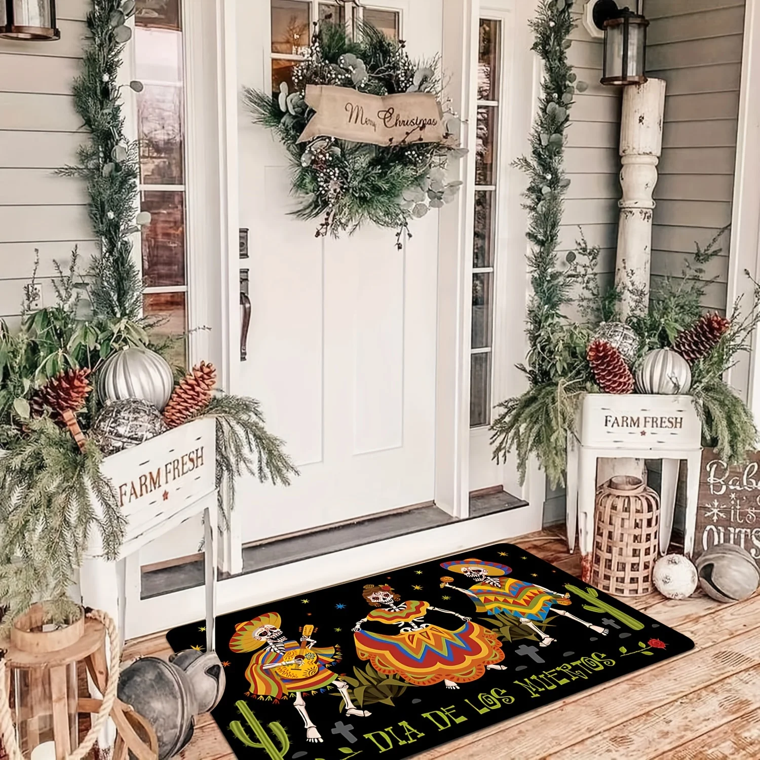 Colorful Day of the Dead Skeleton Print Welcome Mat Mexican Día de los Muertos Festival Entrance Art Polyester Rug Decoration