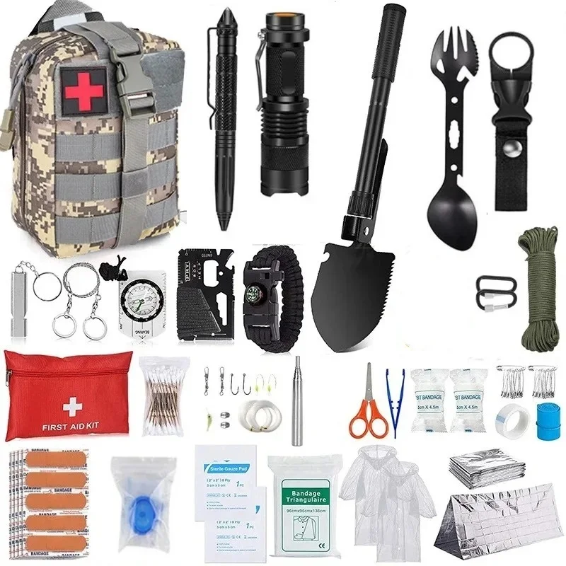 Outdoor Survival Kit Emergency First Aid Supplies Tactical Survival Tool Pouch for Hiking Camping Wilderness Adventure