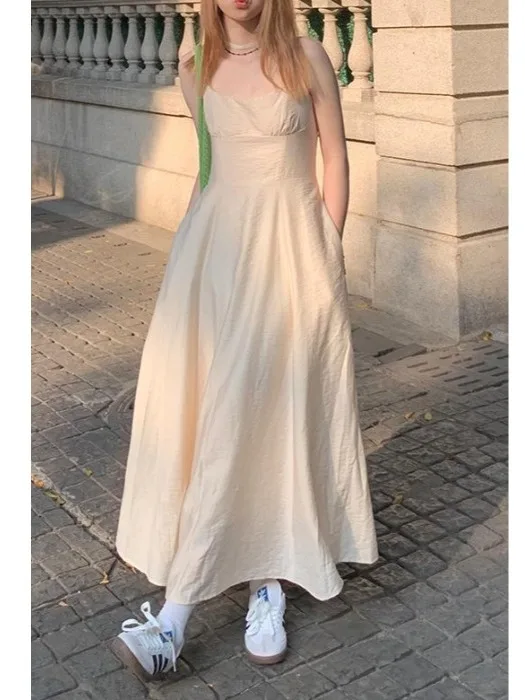 

plus Size Knitted Dress Women's Summer Long Sleeveless A-Line Dress High Waist Gentle Wind Slimming Belted Strap Dress