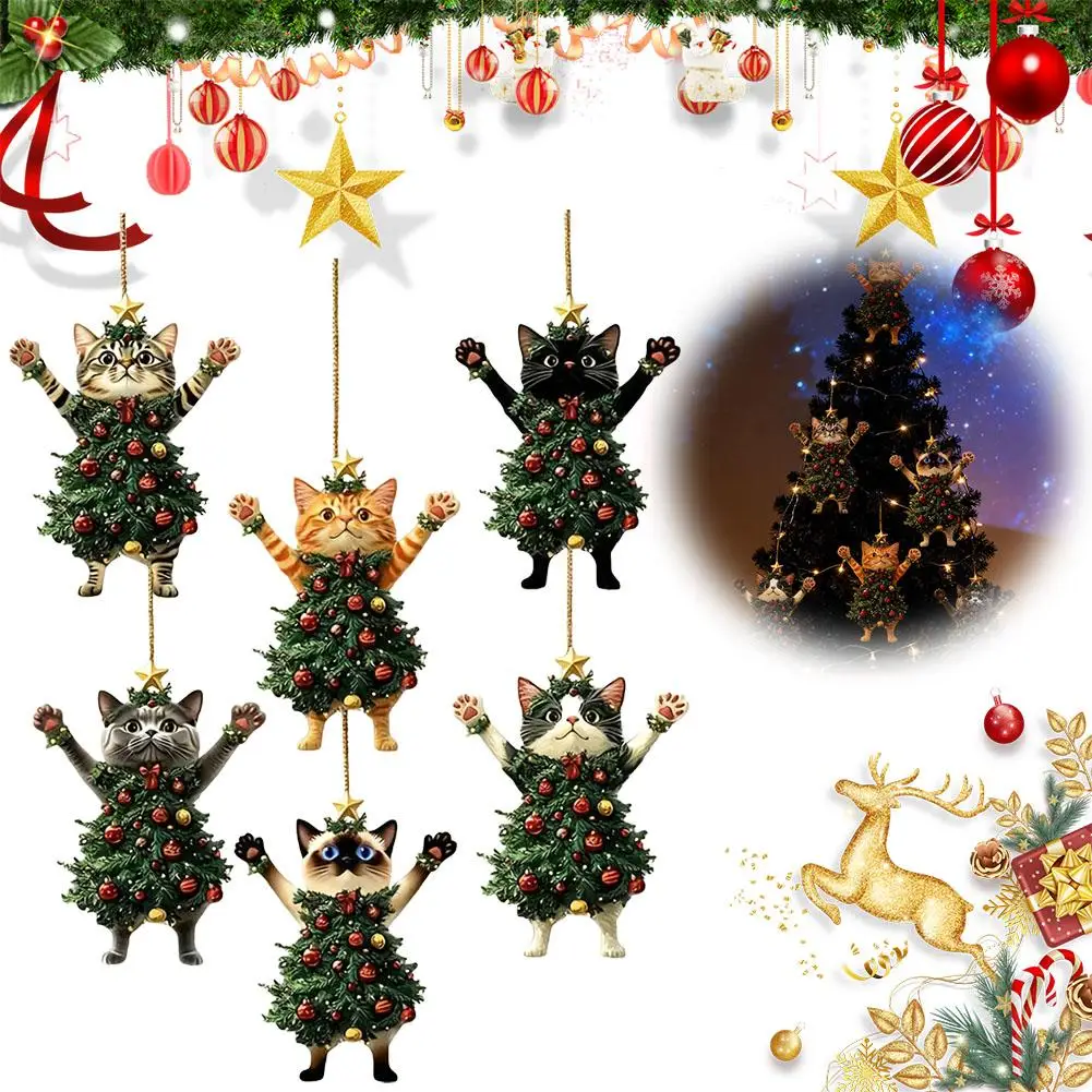 6/12/24pcs 2D Flat Christmas Cat Ornament Home Decoration, Car Pendant Hanging Ornament, Cute Kitty Decoration For Holiday