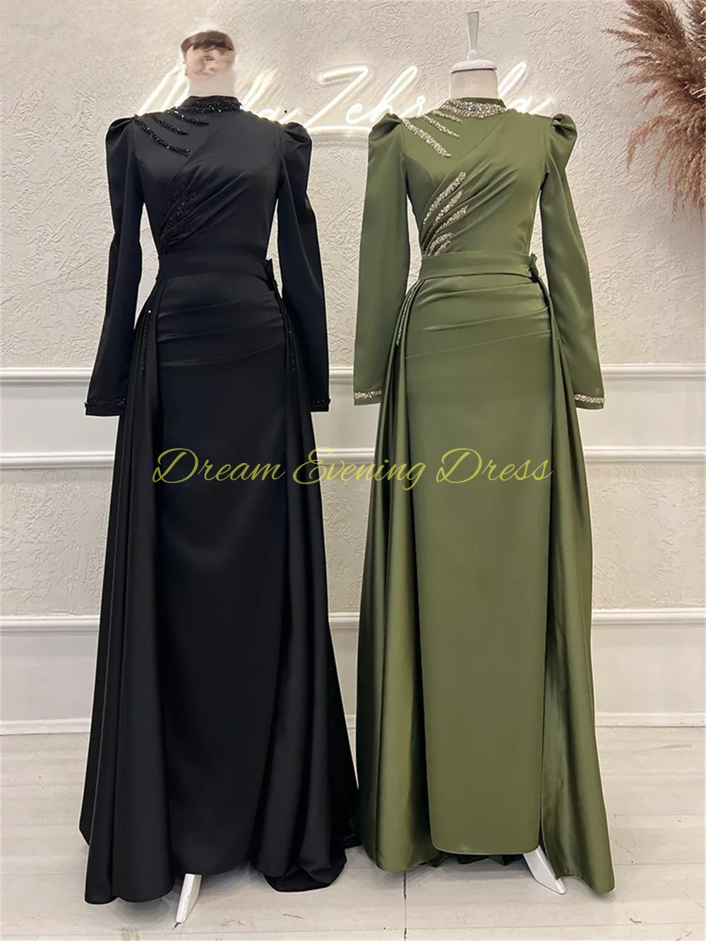 Elegant Dubai Arab Long sleeved High Neck Satin Mermaid Champagne Muslim Evening Dresses with Detachable hem Formal Prom Gown