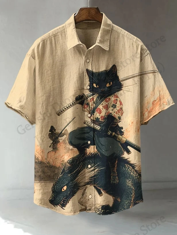

New Fashion Mens Summer Hawaiian Shirt Cat Samurai Dinosaur 3d Print Shirt Short Sleeve Beach Shirts Vintage Lapel Blouse Women