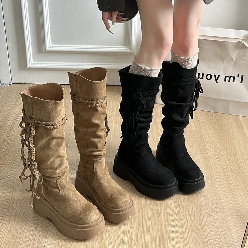 

2025 длинные сапоги с высокой трубкой, женские осенне-зимние новые модные ботинки с бархатной поверхностью и круглым носком до середины икры на резиновой подошве