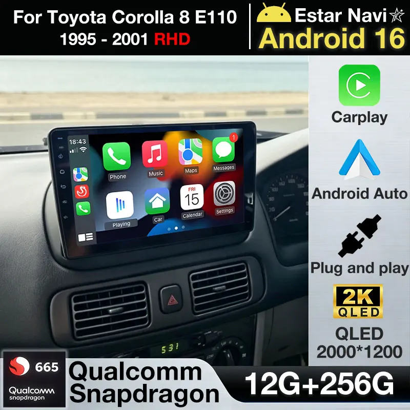 Rádio Automotivo Android 16 para Toyota Corolla 8 E110 1995 - 2001 RHD com Carplay Sem Fio, Reprodutor Multimídia Automotivo com Vídeo, GPS, Unidade Principal 2Din