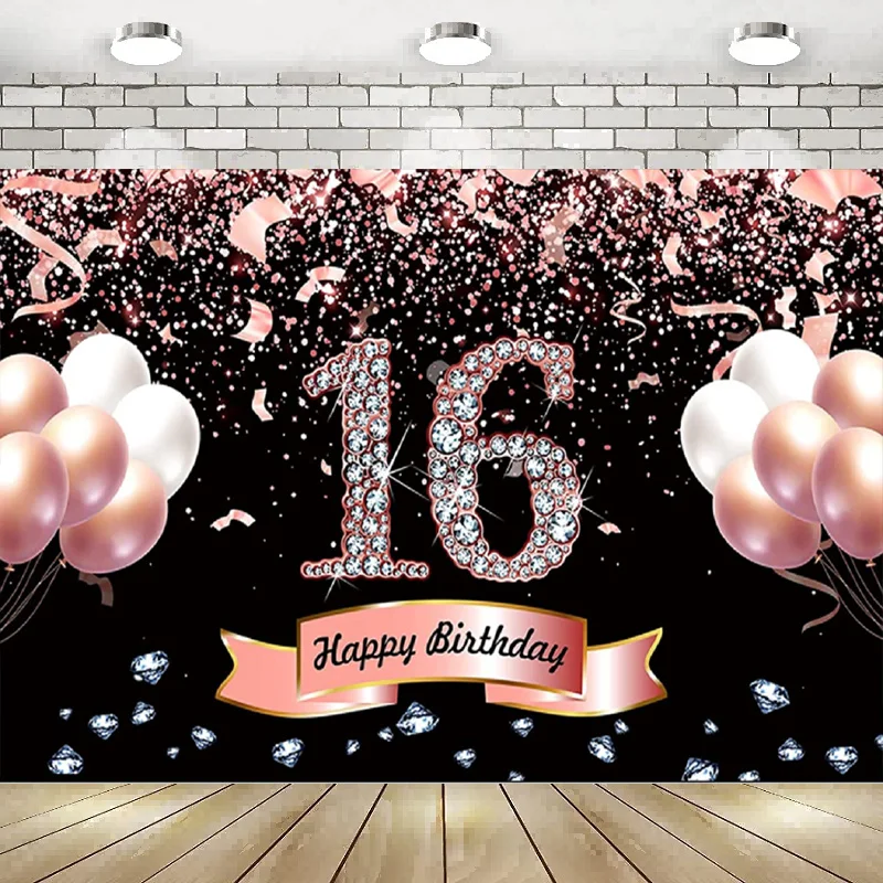 

Sweet 16th Birthday Decorations For Girls Rose Gold Backdrop Suppiles Photography Background Banner Poster Party Prince Princess