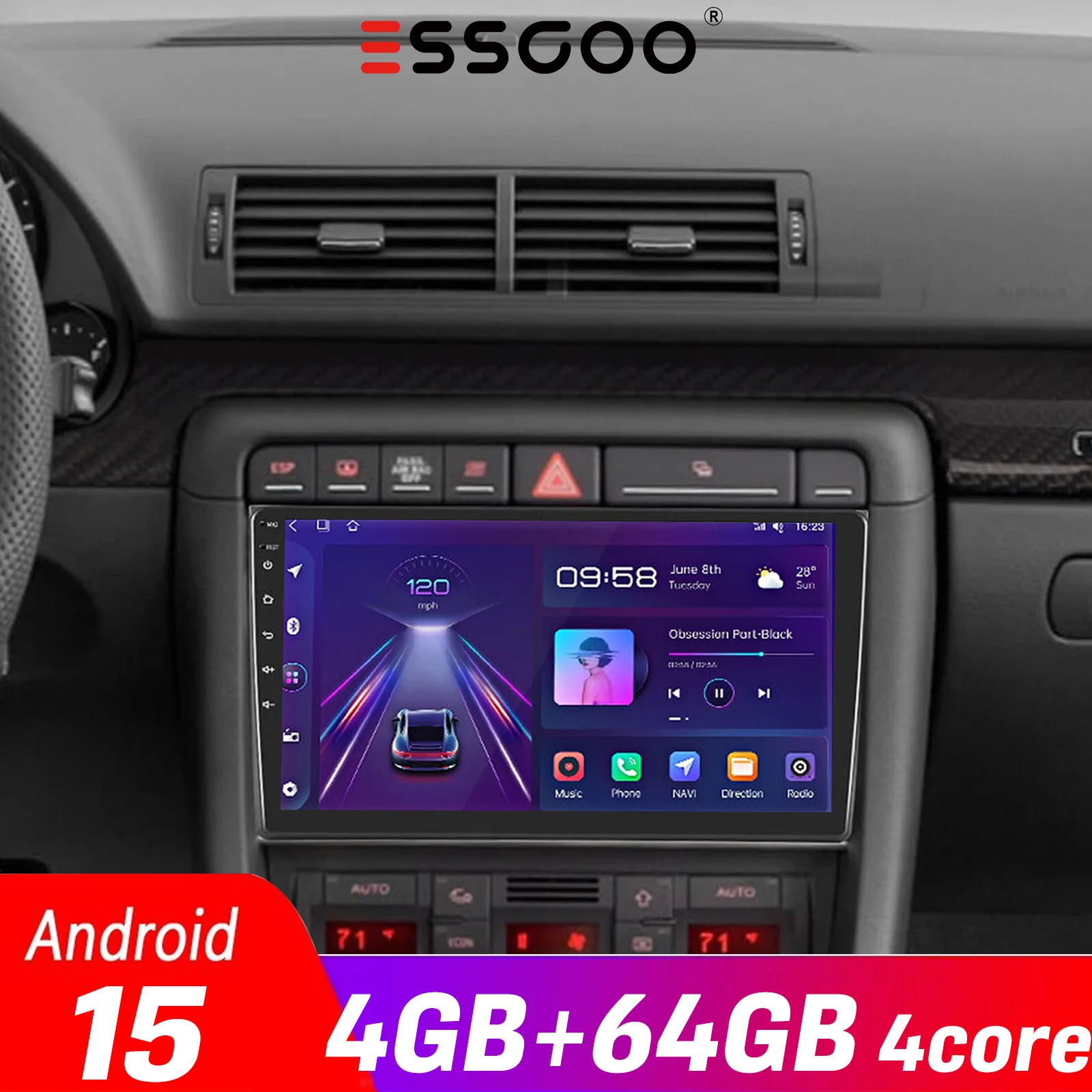 4GB+64GB 2 DIN 9 Zoll Auto Multimedia Android 15 für Audi B6 B7 A4 S4 RS4, SEAT Exeo 2002-2004 2005-2009, Autoradio Videoplayer GPS CarPlay Android Auto ESSGOO