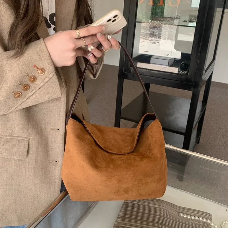 Scrub pu Leather women Axillary bags Brand design ladies handbag female hobos Shoulder bag Faux Suede tote bolsa brown totes