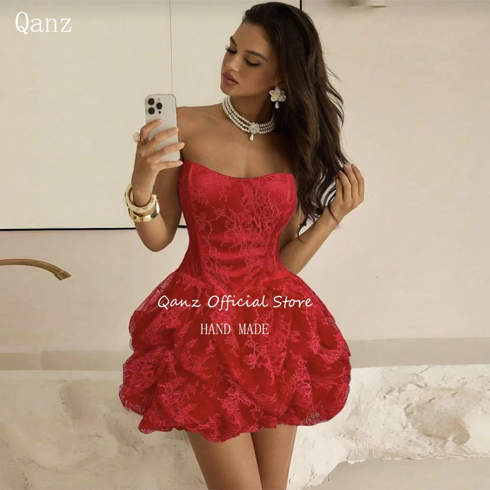 

Qanz Chic Lace Appliques Prom Dress Strapless Red Wedding Party Gown Short A Line Sleeveless Sexy Cocktail Dresses Customized