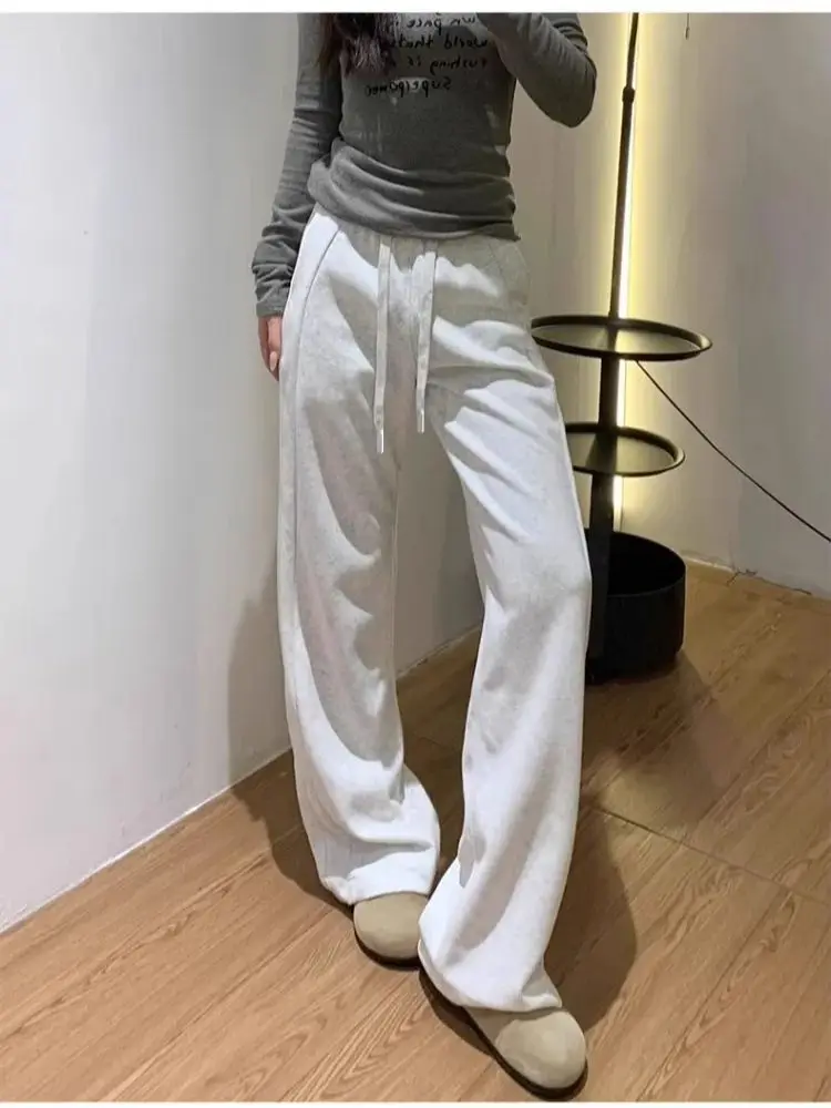 Women Autumn Winter Wide-Leg Trousers Pattern Fleece-Lined Straight-Leg Trousers Draped Soft Warm Minimalist Versatile