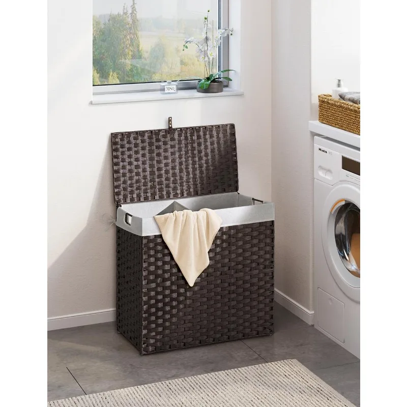 

Laundry Hamper with lid, No Install Needed, 130L Wicker Baskets Foldable 2 Removable Liner Bags