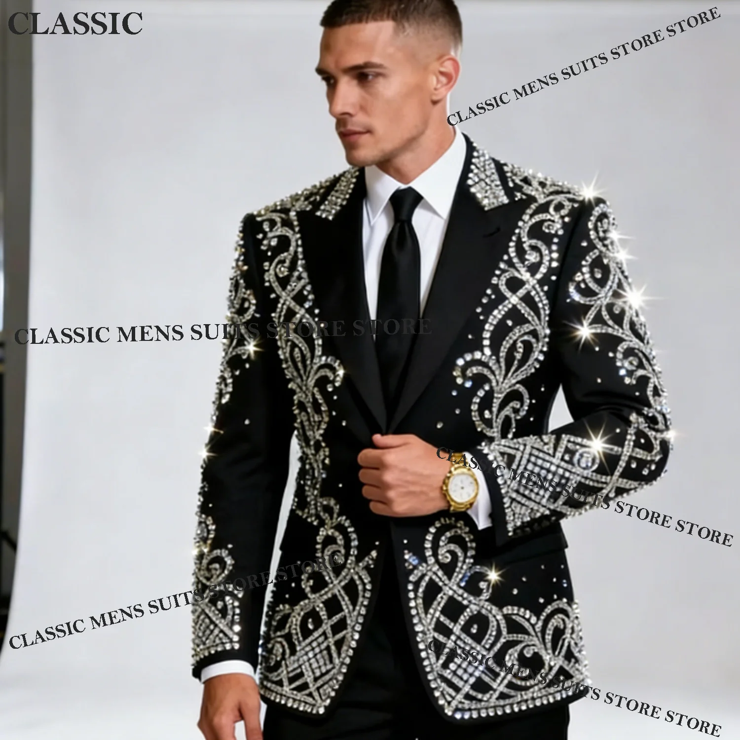 

Handmade Rhinestones Crystals Men Wedding Suits Slim Fit Tuxedos Groom Ropa hombre 2 Pieces Sets Groom Male Blazers Customized