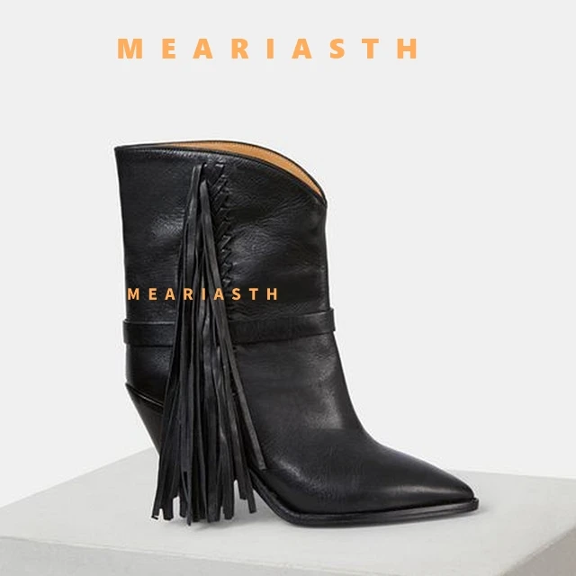 

Women's Retro suede leather Fringe Knee High Cowboy Boots Fashion Pointed Toe Chunky High Heels Pull On Vintage Western Boots