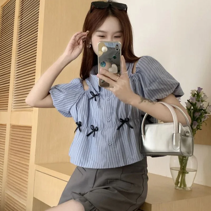 Sweet Striped Shirt Women Blue Lapel Button Bow Puff Sleeves Pretty Style Strapless Blouse Fashion Elegant Korean Female Tops