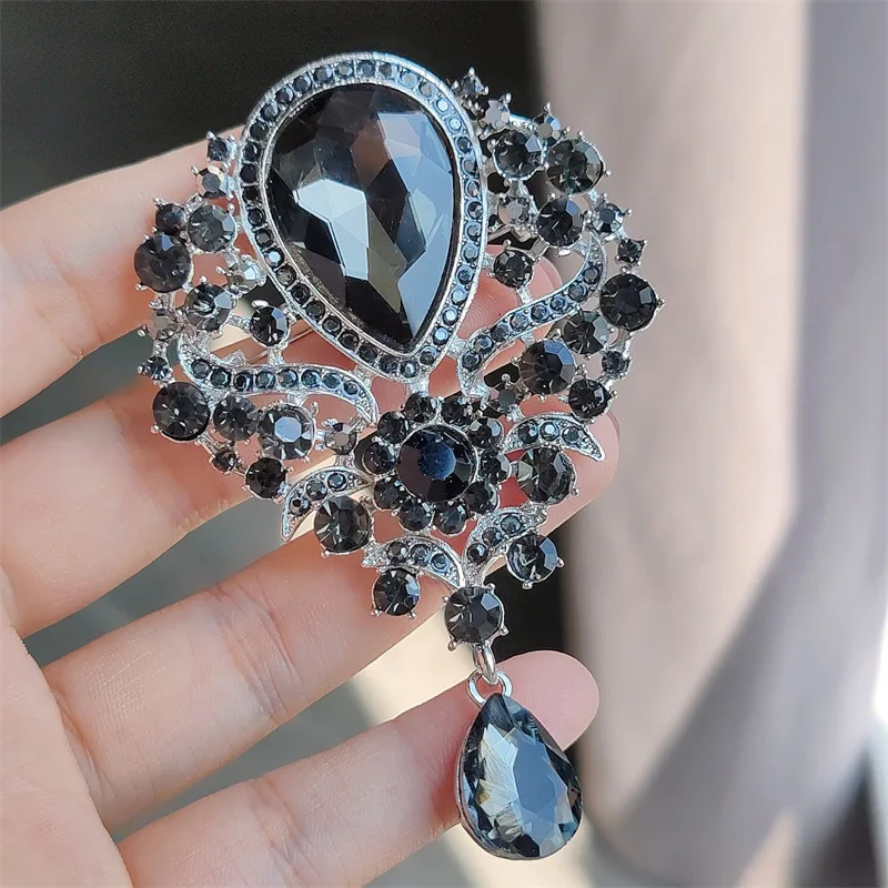 Luxury Elegant Large Crystal Water-drop Brooches for Women Vintage Fashion Pendant Style Elegant Wedding Pins Party Jewelry