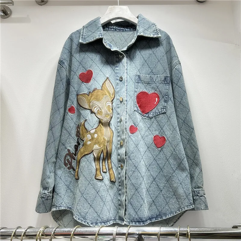WTHT Trendy Women's Embroidery Animal Design Plaid Denim Shirt 2025 Summer Fashion Lapel Long Sleeve Blouse Female 1LS1345