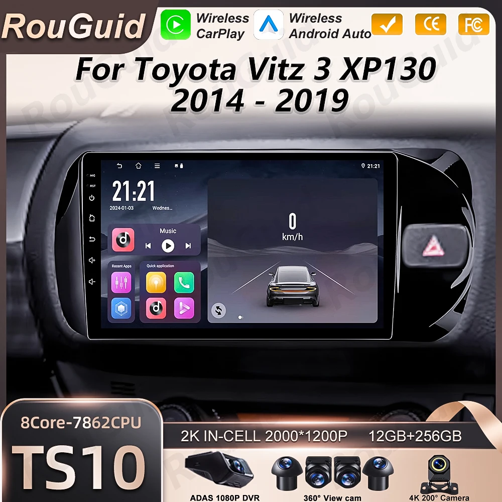 Android 16 Car Radio Carplay For Toyota Vitz 3 XP130 2014 2015 2016 - 2019 Multimedia Player Touch Screen Autoradio Wireless 2k