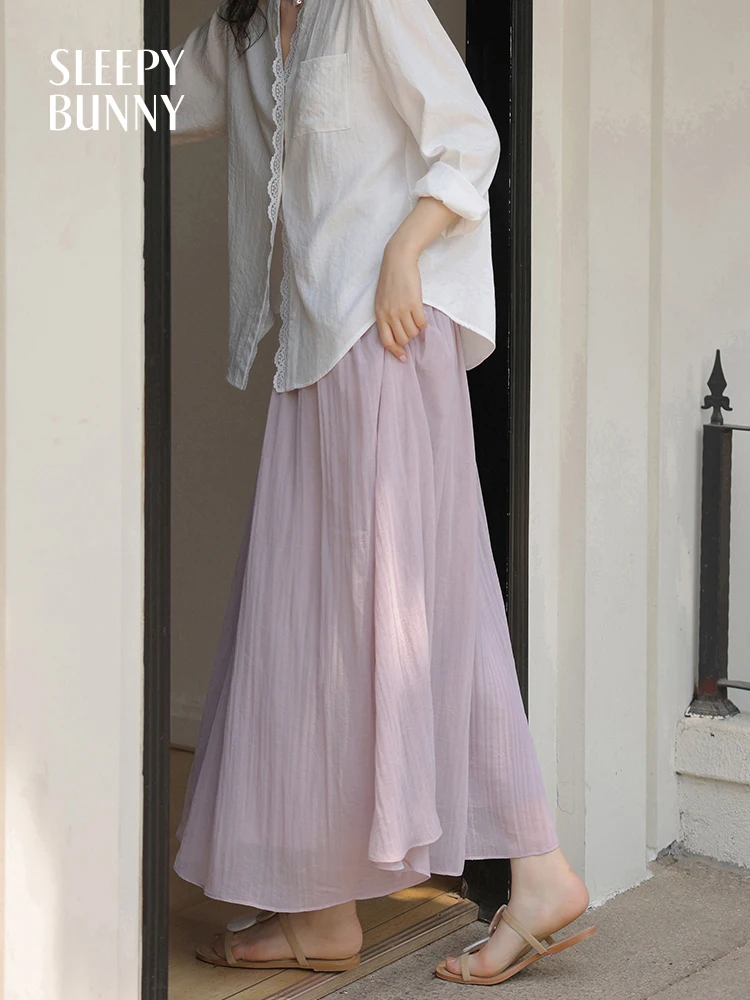 Purple Mesh Tulle Skirt Women Summer High Waist Elastic Waist A-Line Midi Skirt Slim Fit French Casual Elegant Flowing Skirt