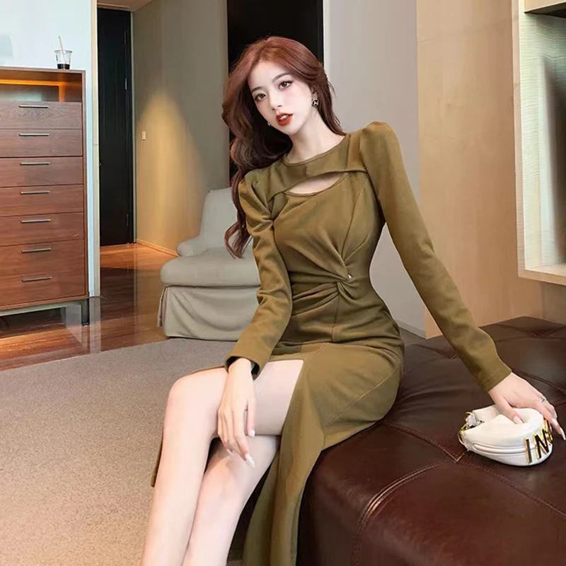 Fall Elegant Long Sleeve Women Dress Fashion Folds Side Slit Pencil Dress High Waist Streetwear Solid All Match Midi Dress New