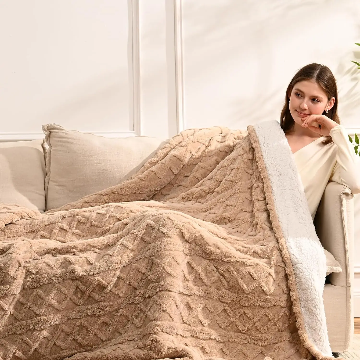 

Electric Heated Blanket Twin Size 62x84 Inches, 9 Heat Levels & Timer, Soft Washable Fleece Sherpa, Great Gift Beige