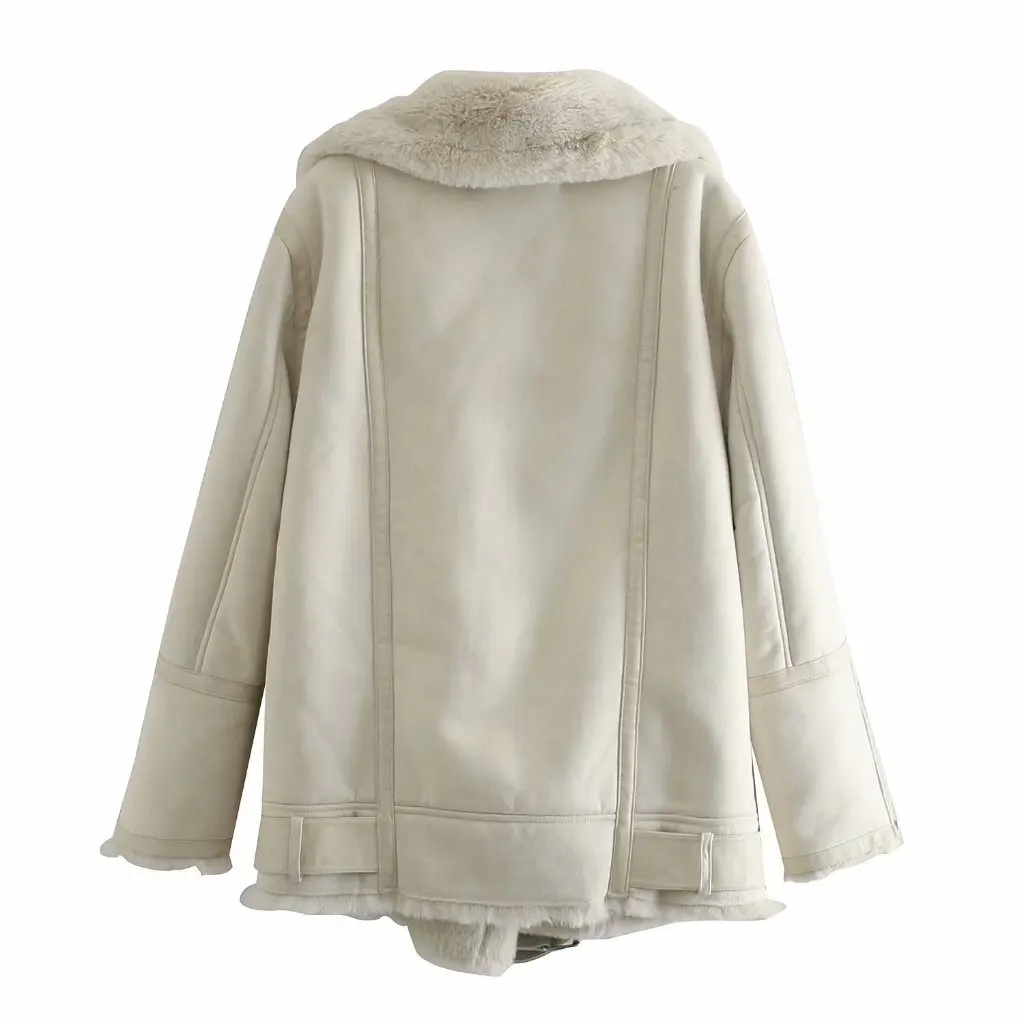 Women's Thickened Fur Jacket Autumn Winter European American Style Lapel Motorcycle Zipper Leather Coat for Ladies