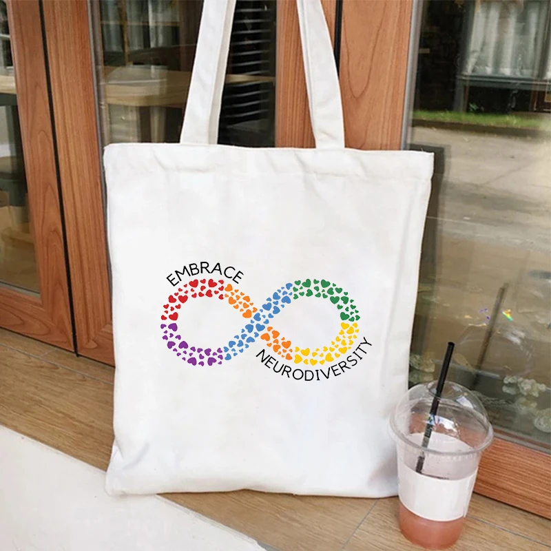 Women's Canvas Tote Bag, Autism Neurodiversity Acceptance Infinity Hearts Symbol, Reusable Shopping & Casual Handbag