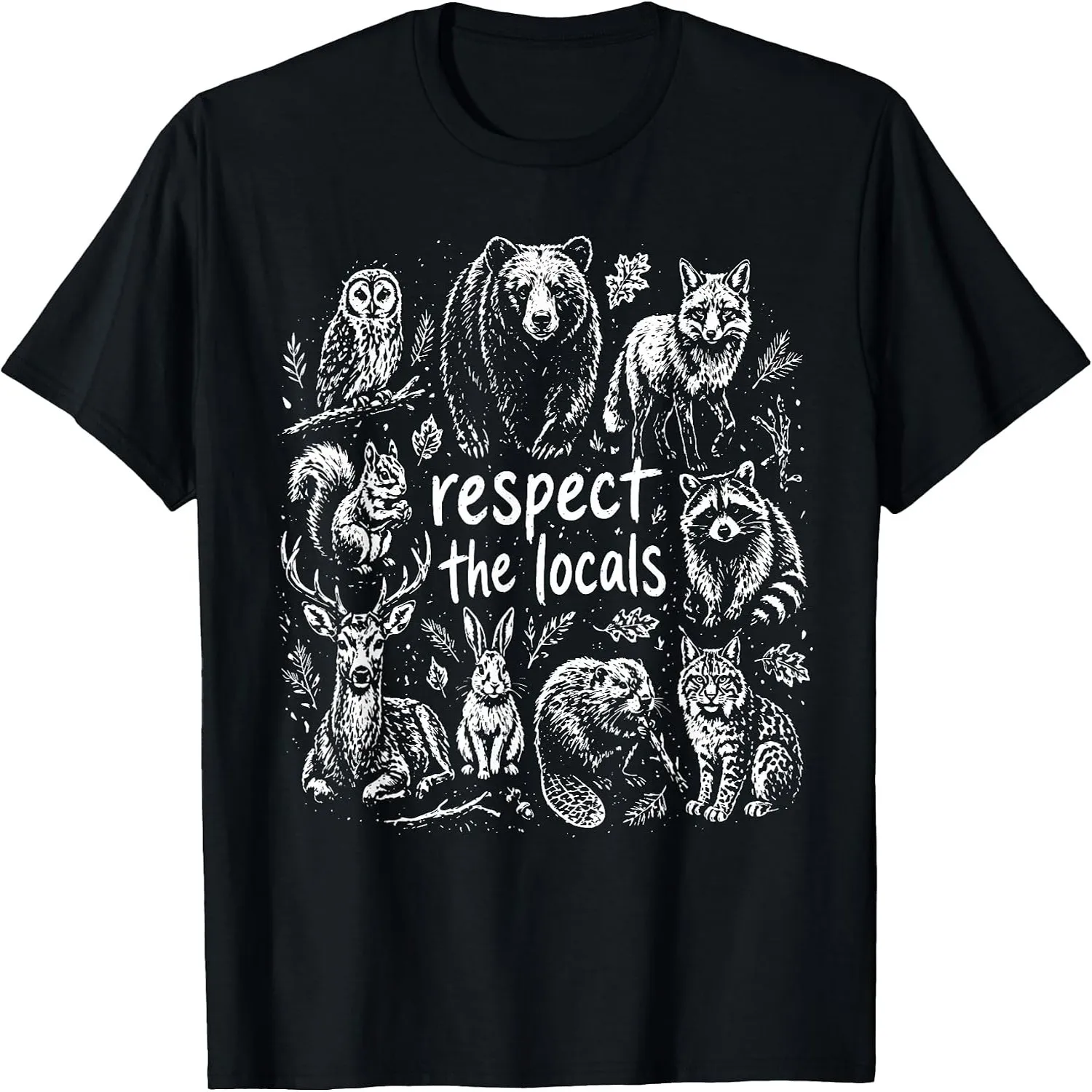 Respect The Locals Forest Wildlife Sketch Animal Collage T-Shirt