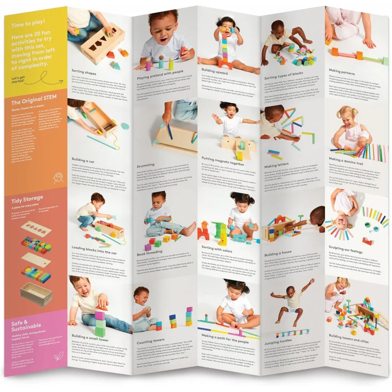 Juego de bloques de construcción de madera maciza para niños pequeños, caja de almacenamiento de 70 piezas, 18 colores, 20 Actividades