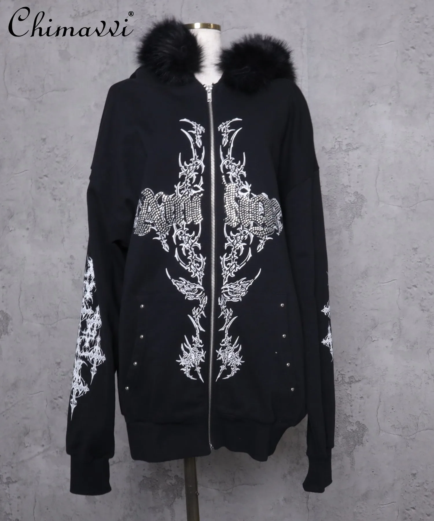 

Japanese Subculture Punk Dark Girl Hooded Plush Zipper Sweatshirt Autumn Winter New Gothic Style Long Sleeve Loose Hoodies Coat