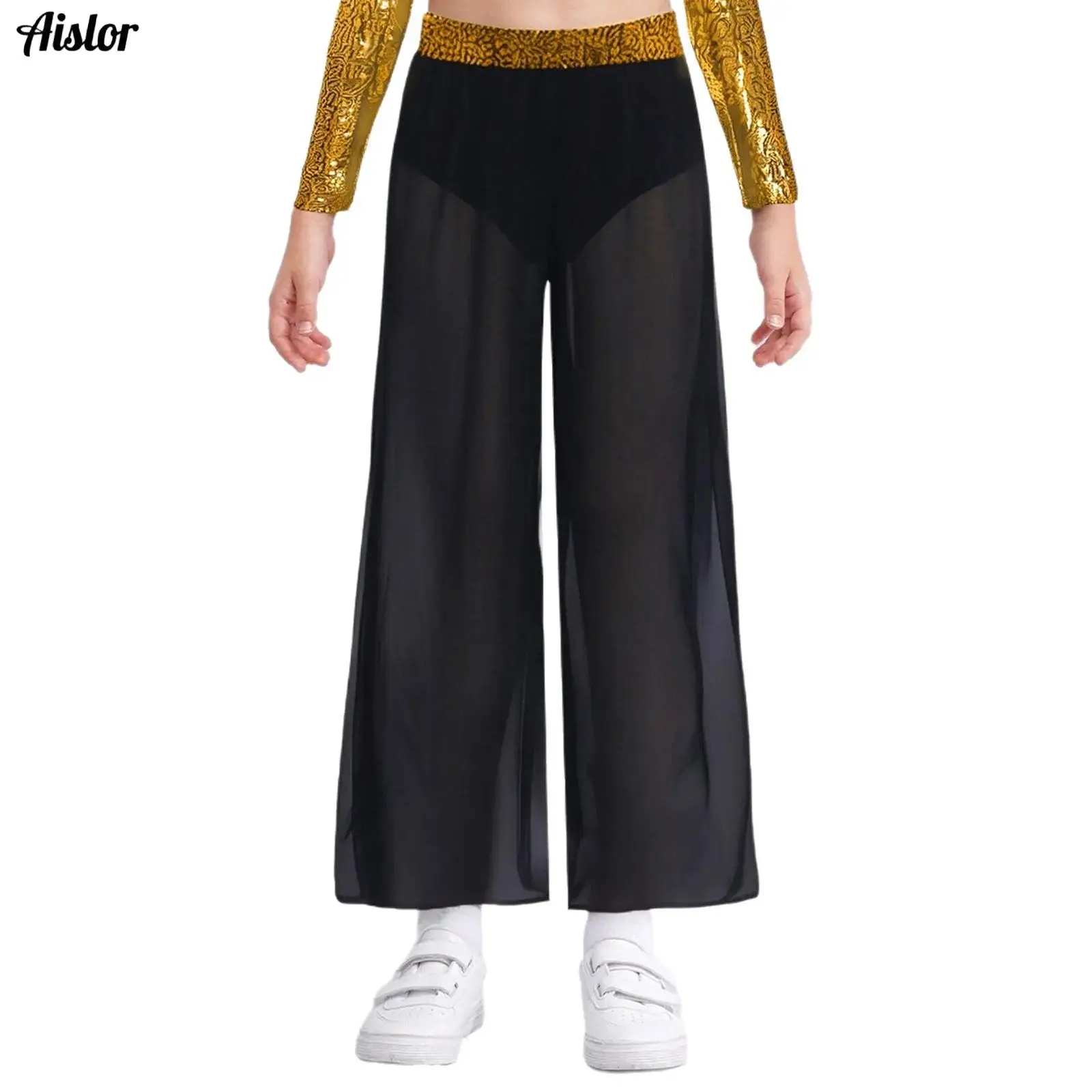 

Kids Girls Jazz Latin Dance Pants Shiny Sequin Waistband Flowing Chiffon Overlay Side Slit Wide-Leg Pants for Stage Performance