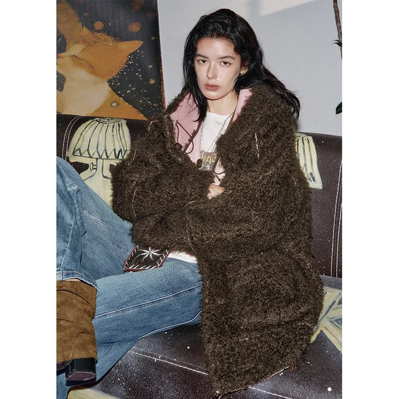 ELFSACK  Winter Cozy Fuzzy Sherpa-lined Hooded Oversized Cotton Long Coat For Woman
