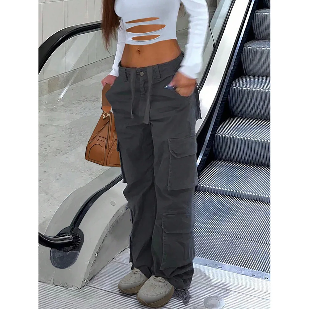 Women's Cargo Pants Low Waist Multi-Pocket Streetwear Hip Hop Loose Fit Trousers