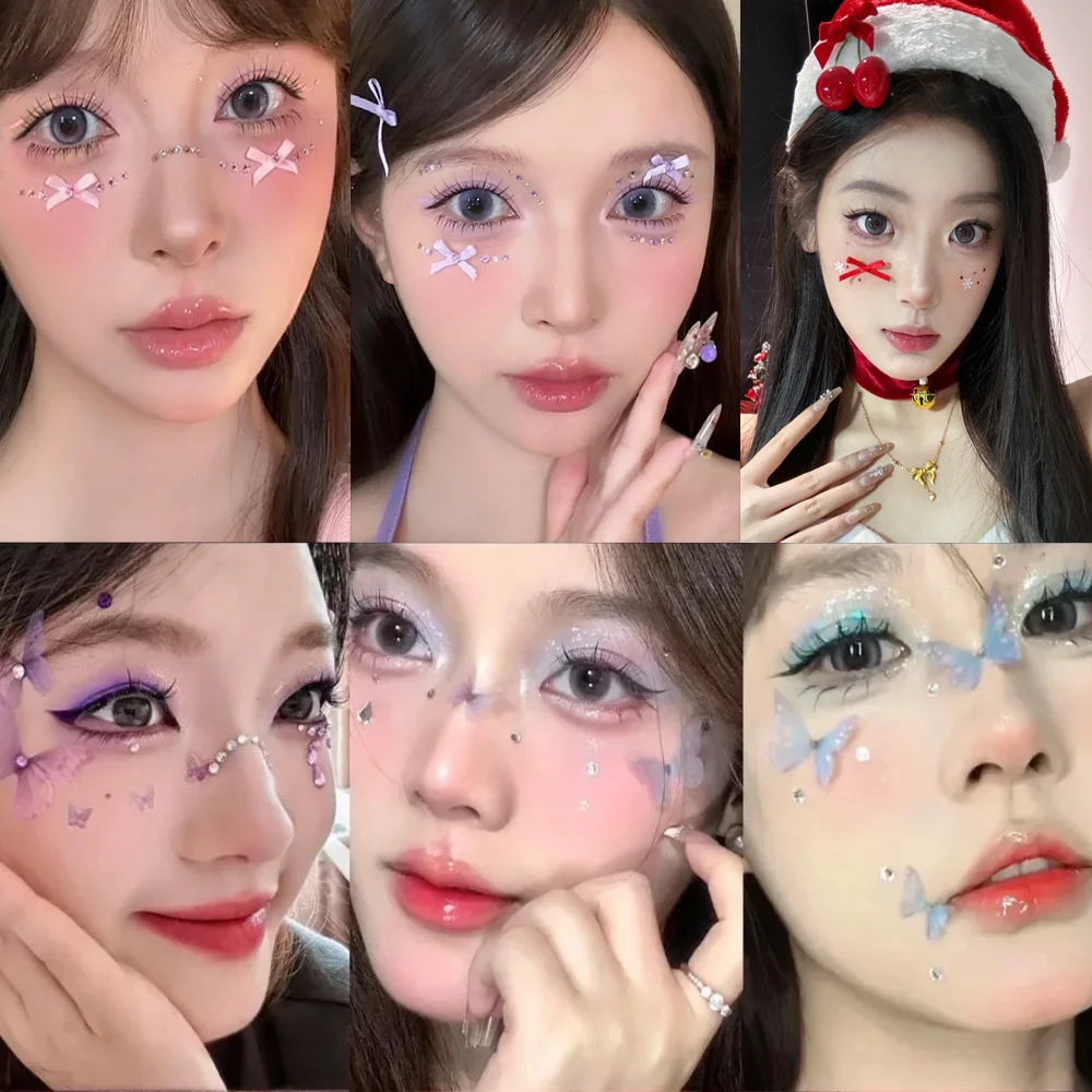 5D الشريط القوس والقلب حجر الراين ملصقات الوجه الوردي/الأحمر تألق فراشة جوهرة لعيد الميلاد عطلة حزب ماكياج ملصقات ديكور لتزيين الغرف