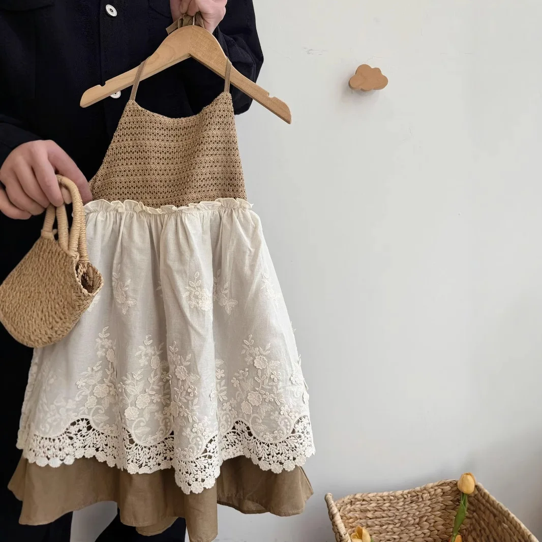 2025 New Spring and Summer Baby Girl Summer Thin Lace Dress Foreign Style Hollow Sleeveless Suspender Skirt