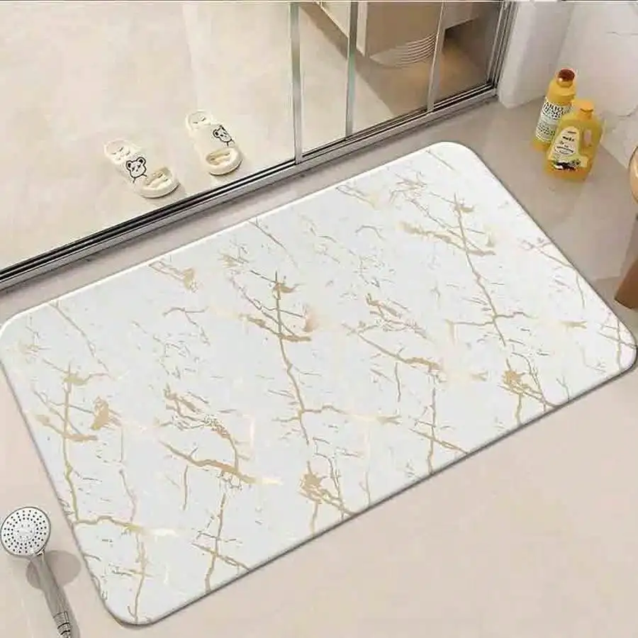 1pc Flannel Floor MatModern Minimalist White And Gold Marble Texture Floor Mat Luxury Abstract Pattern Non-Slip Area Rug For Home DecorNon-Slip, Machine