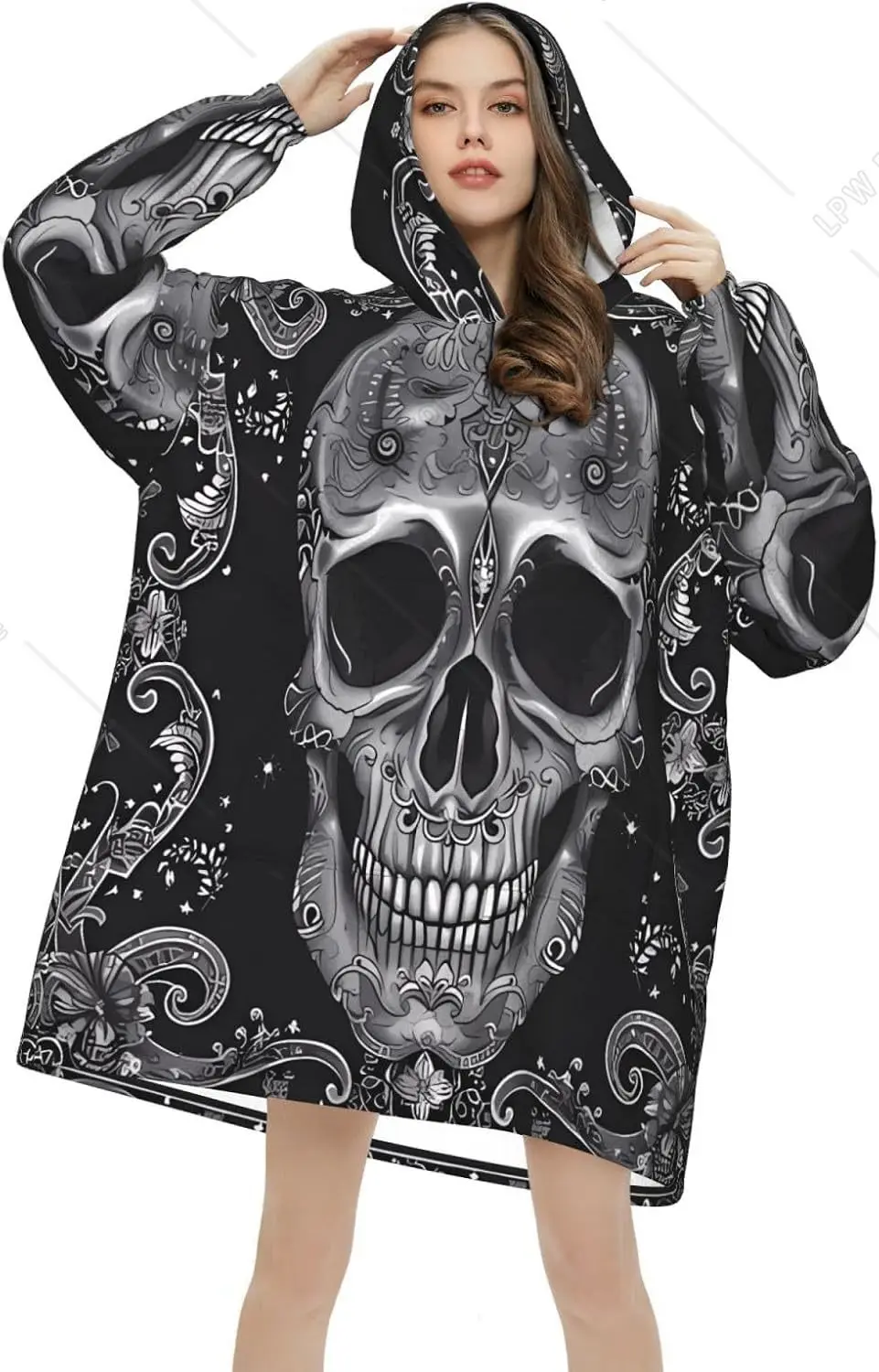 Skull Black Wearable Blanket Hoodie Skeleton Sugar Oversized Sweatshirt Blanket Cozy Warm Sherpa Hooded Blanket With Pocket