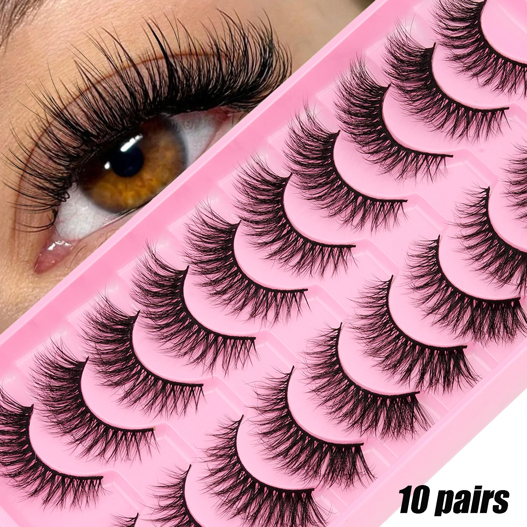 Russian Volume Strip Lashes 10 Pairs 3D Wispy Fluffy Faux Mink Dramatic Reusable False Eyelashes for Party Makeup