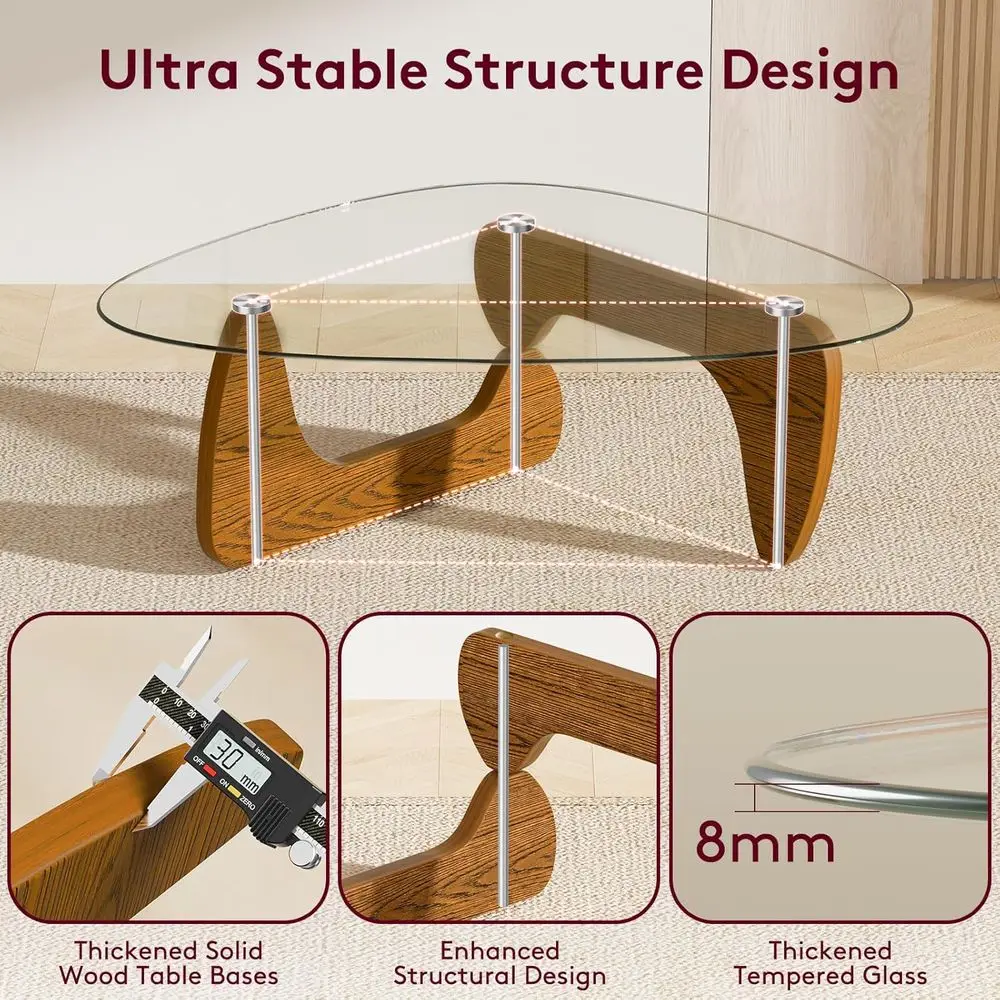 強化ガラス付きウォールナット三角コーヒーテーブル、42.5 x 28.5 x 16.1、小さなスペース向けのモダンなミニマリストデザイン