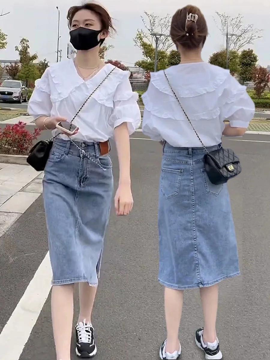 

High Waist Slimming Mid-Length Denim Skirt for Women Side Slit Fashionable Cotton Blend Spring Summer New Arrival