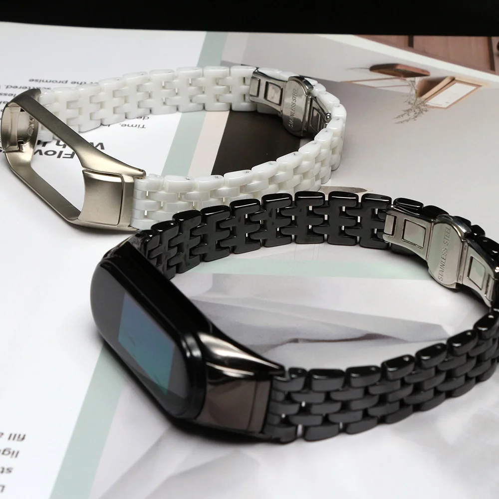 Ceramic Wristband for Mi Band 4 5 6 7 8 Bracelet Xiaomi Watch Wristband with Stainless Steel Metal Frame Accessories Men Women